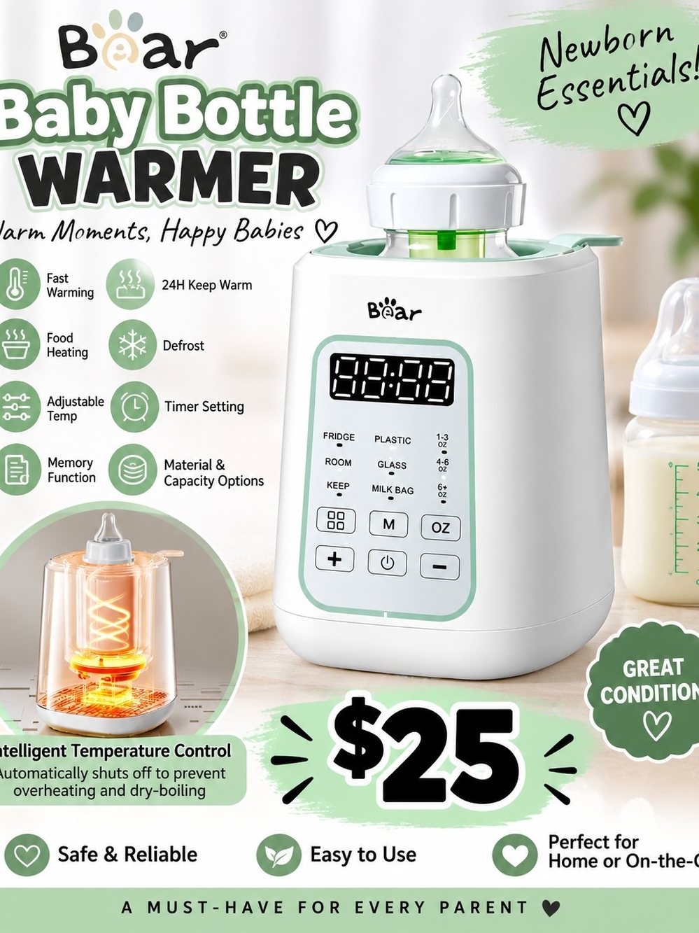 Baby Bottle Warmer - White & Green